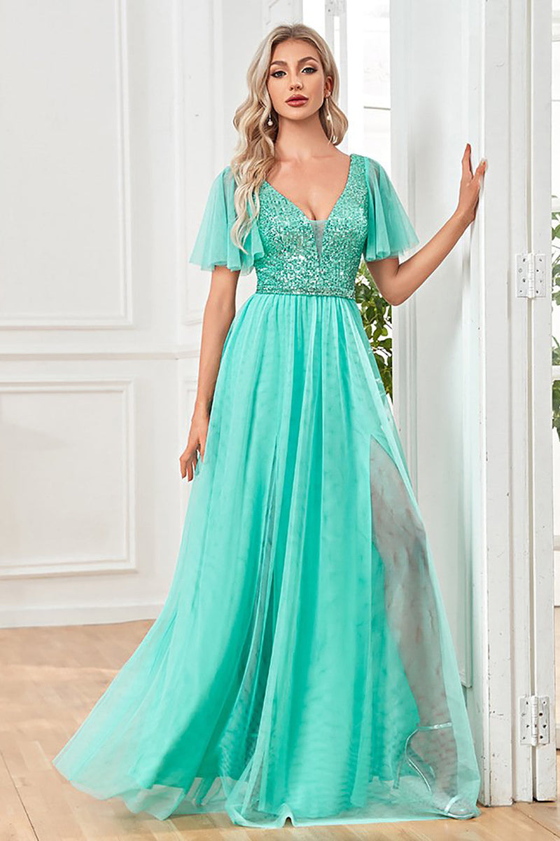 Load image into Gallery viewer, Green Flutter Sleeves Sparkly A Line Long Formal Dress