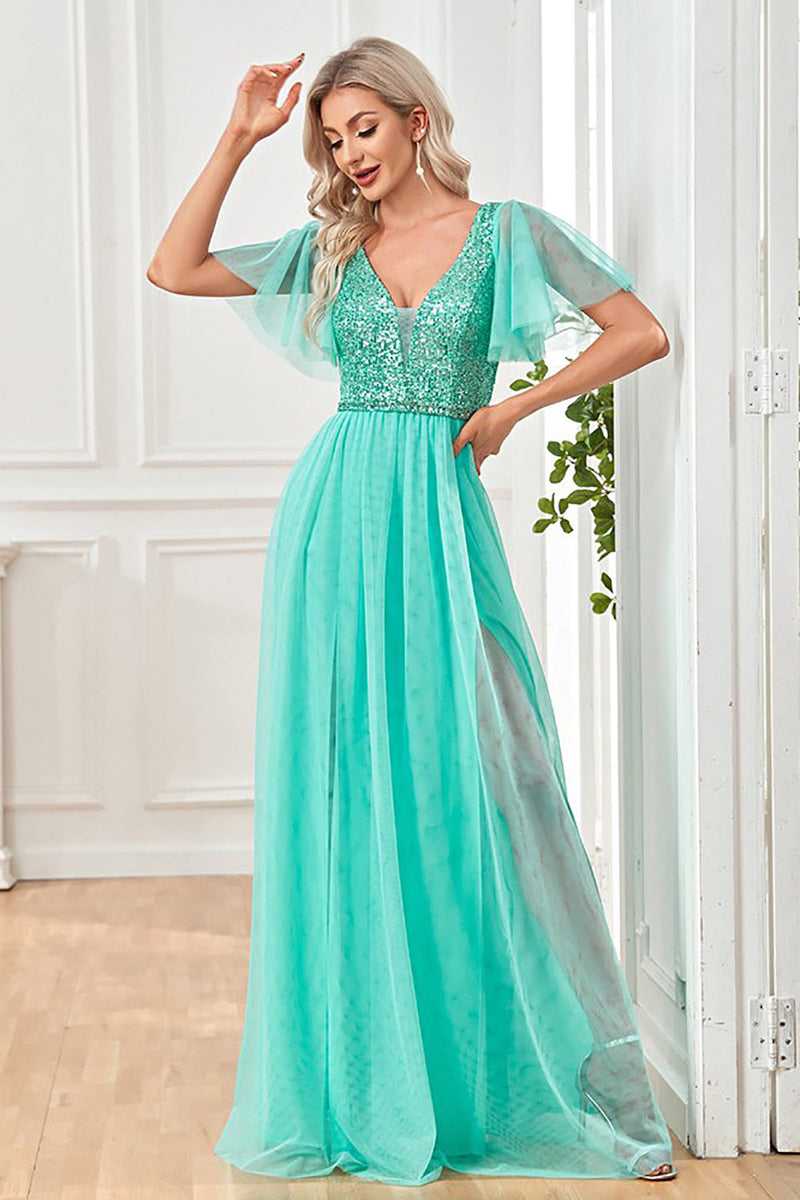 Load image into Gallery viewer, Green Flutter Sleeves Sparkly A Line Long Formal Dress