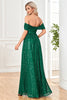 Load image into Gallery viewer, Sparkly Sequin Dark Green Off the Shoulder A Line Formal Dress With Slit
