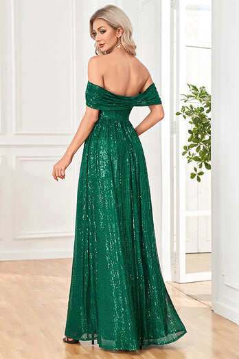 Sparkly Sequin Dark Green Off the Shoulder A Line Formal Dress With Slit