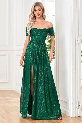 Sparkly Sequin Dark Green Off the Shoulder A Line Formal Dress With Slit