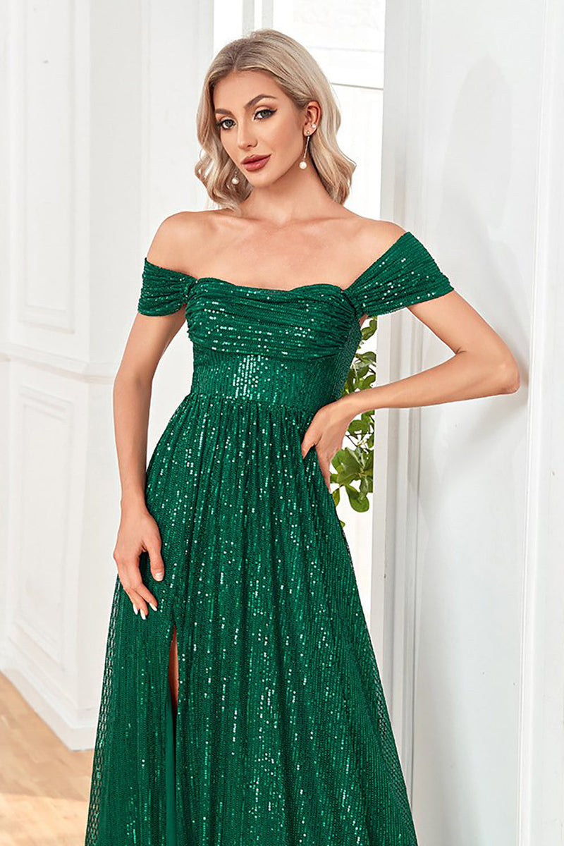 Load image into Gallery viewer, Sparkly Sequin Dark Green Off the Shoulder A Line Formal Dress With Slit