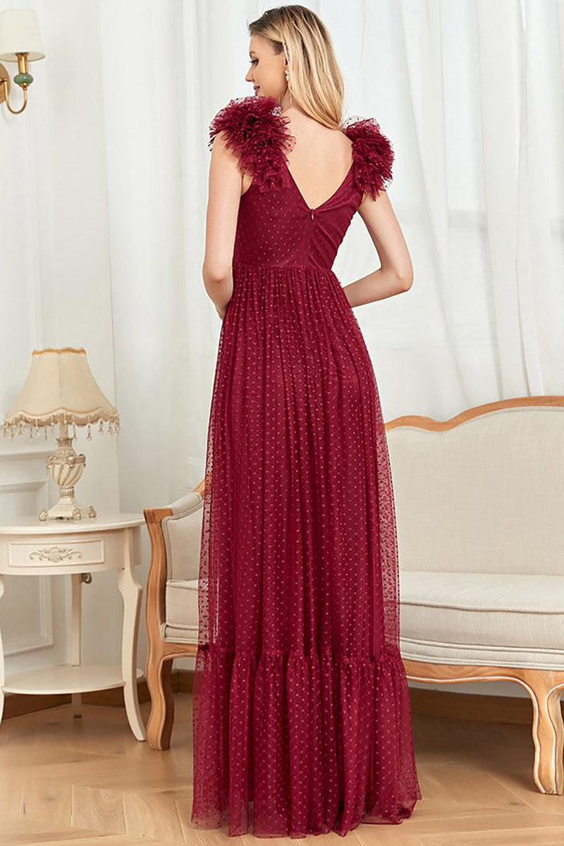 Load image into Gallery viewer, Deep V-Neck Burgundy Sleeveless A Line Long Formal Dress