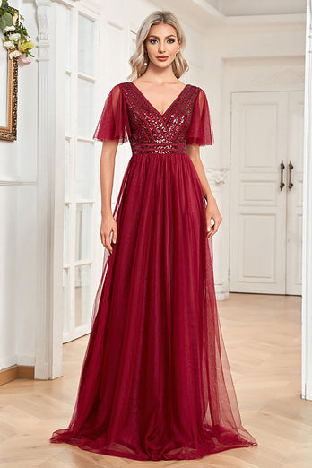 A Line Burgundy Sparkly V-Neck Long Formal Dress