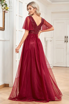 A Line Burgundy Sparkly V-Neck Long Formal Dress