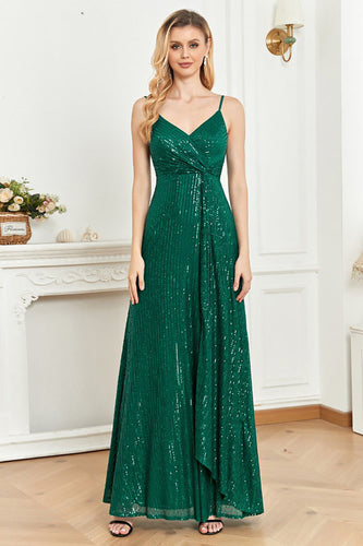 Sparkly Sequin Dark Green Spaghetti Straps Long Formal Dress