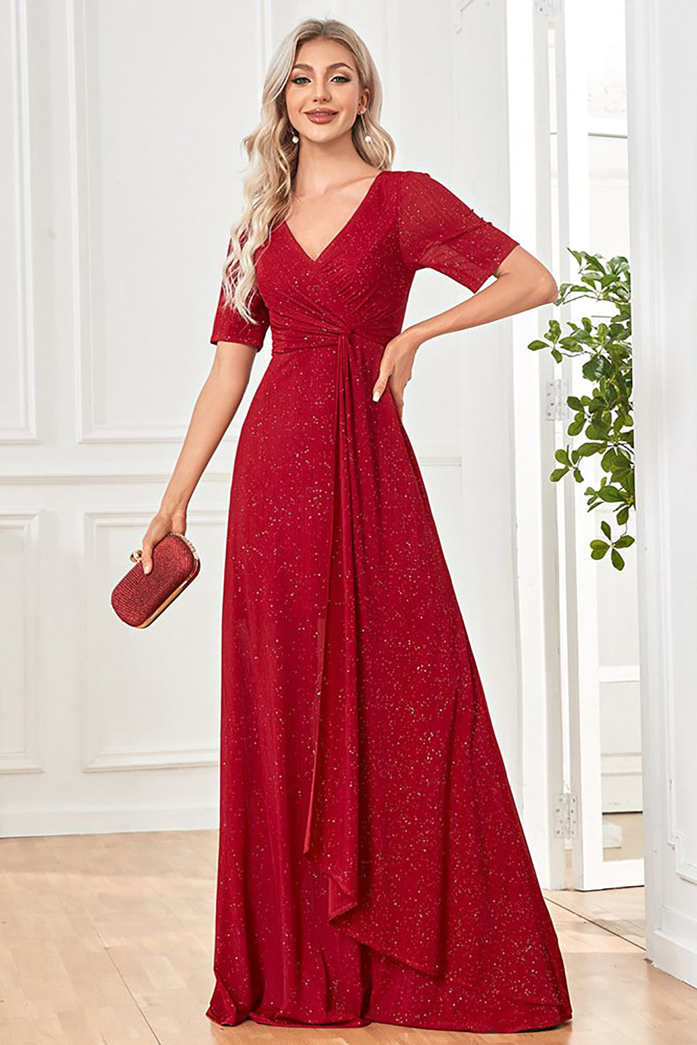 Burgundy Sparkly Short Sleeves V-Neck Long Formal Dress