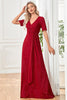 Load image into Gallery viewer, Burgundy Sparkly Short Sleeves V-Neck Long Formal Dress