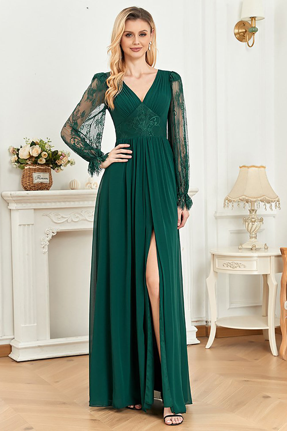 Dark Green Lace Long SLeeves A Line Formal Dress