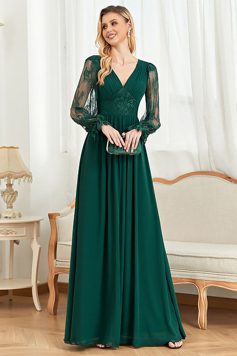 Load image into Gallery viewer, Dark Green Lace Long SLeeves A Line Formal Dress
