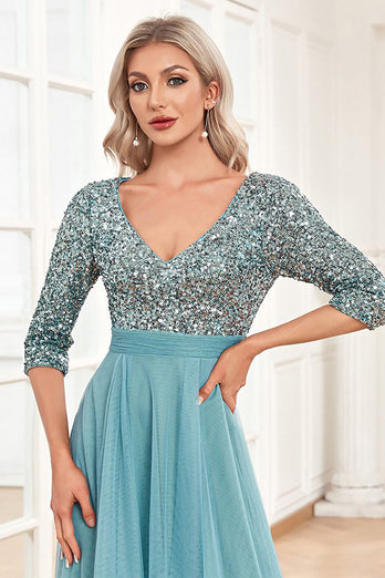 Blue Sparkly Sequin 3/4 Sleeves A Line Formal Dress