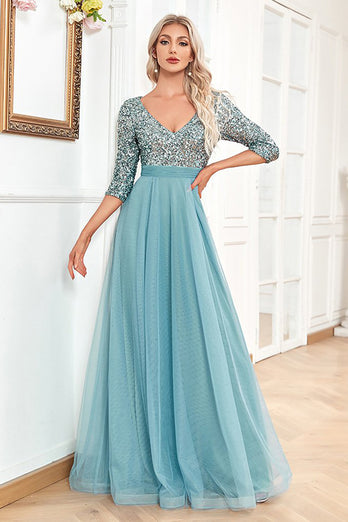 Blue Sparkly Sequin 3/4 Sleeves A Line Formal Dress