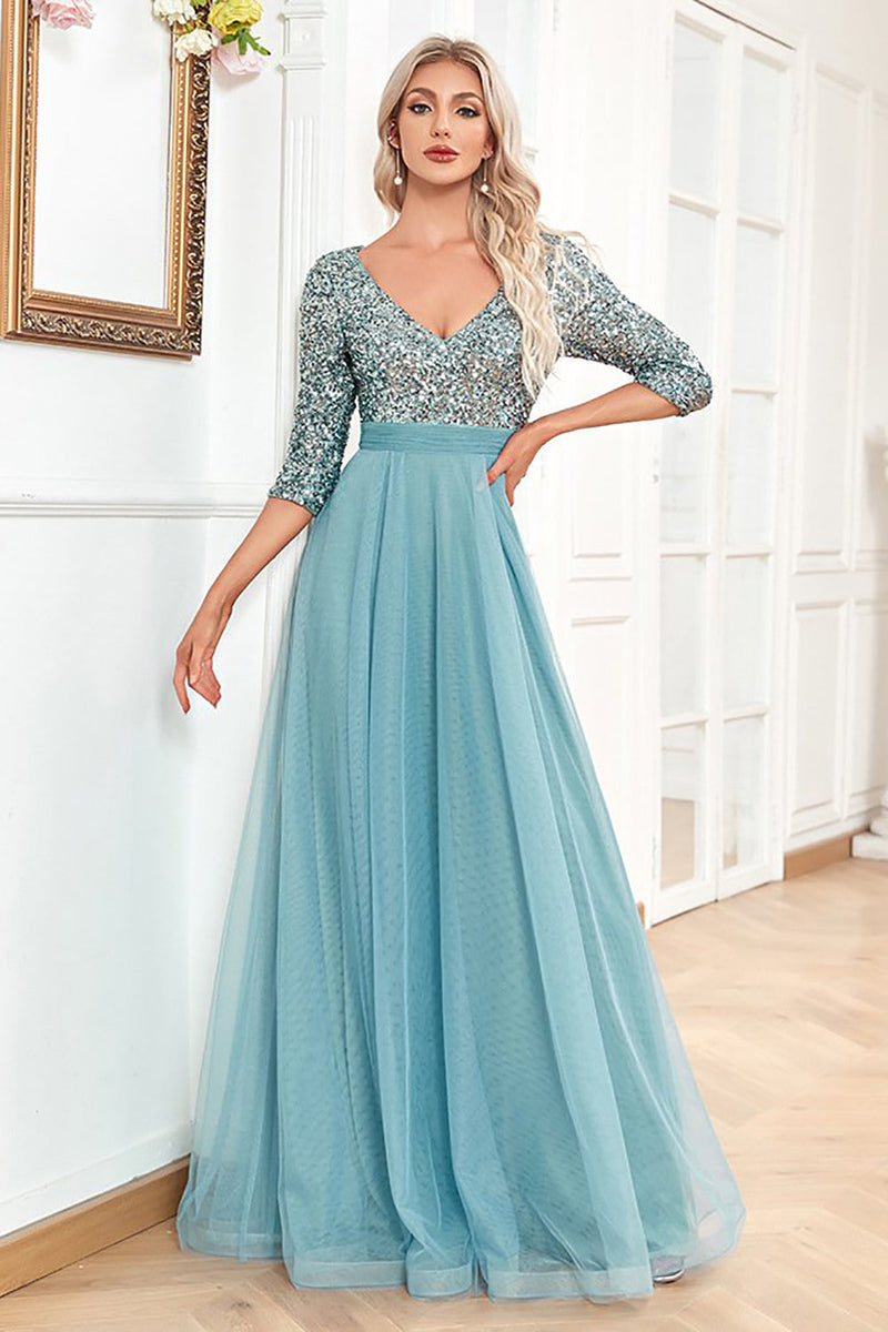Load image into Gallery viewer, Blue Sparkly Sequin 3/4 Sleeves A Line Formal Dress