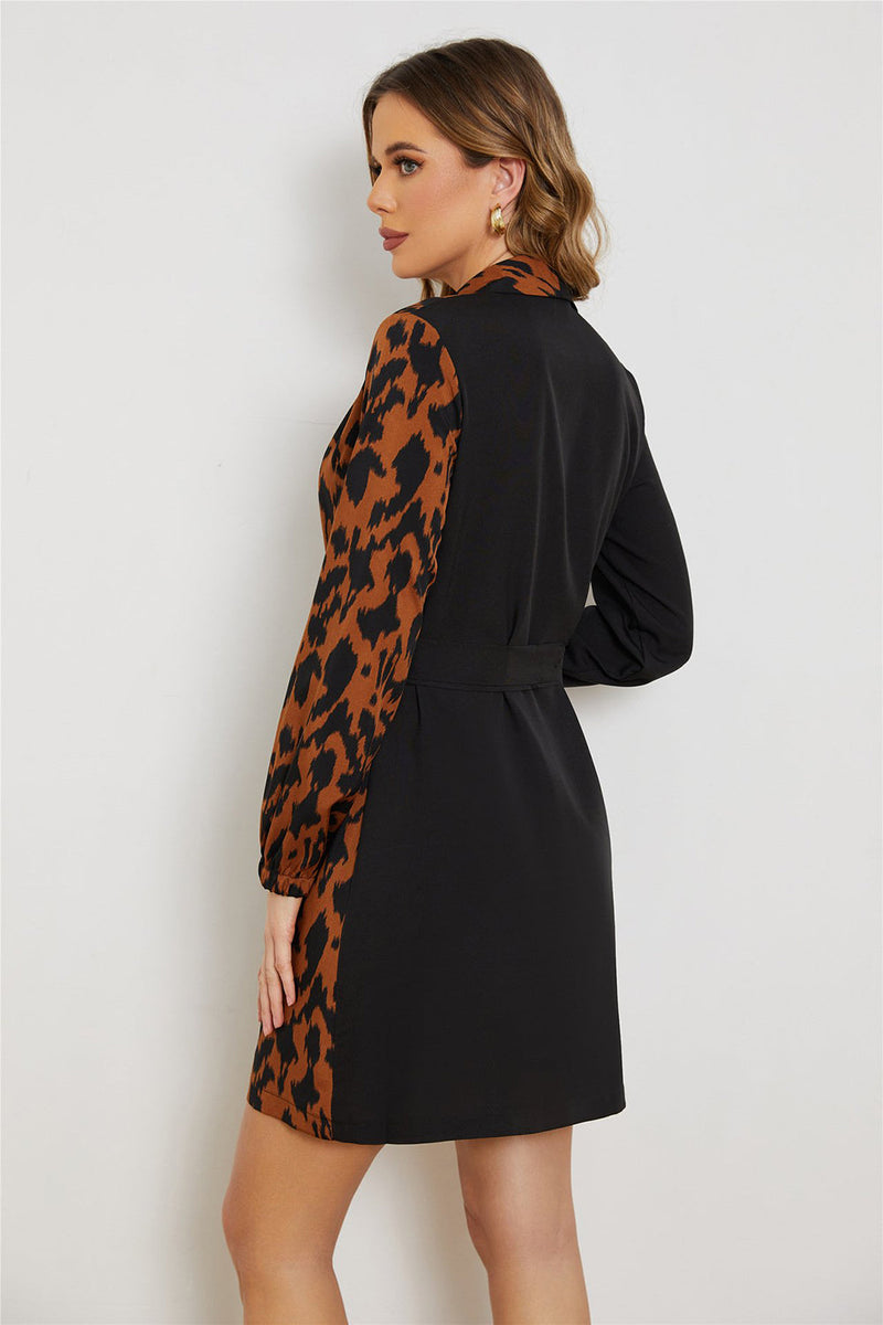 Load image into Gallery viewer, Black Leopard Wrap Short Work Dress