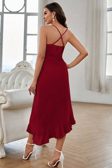 Dark Red A-line Chiffon V-neck Spaghetti Strap Party Dress