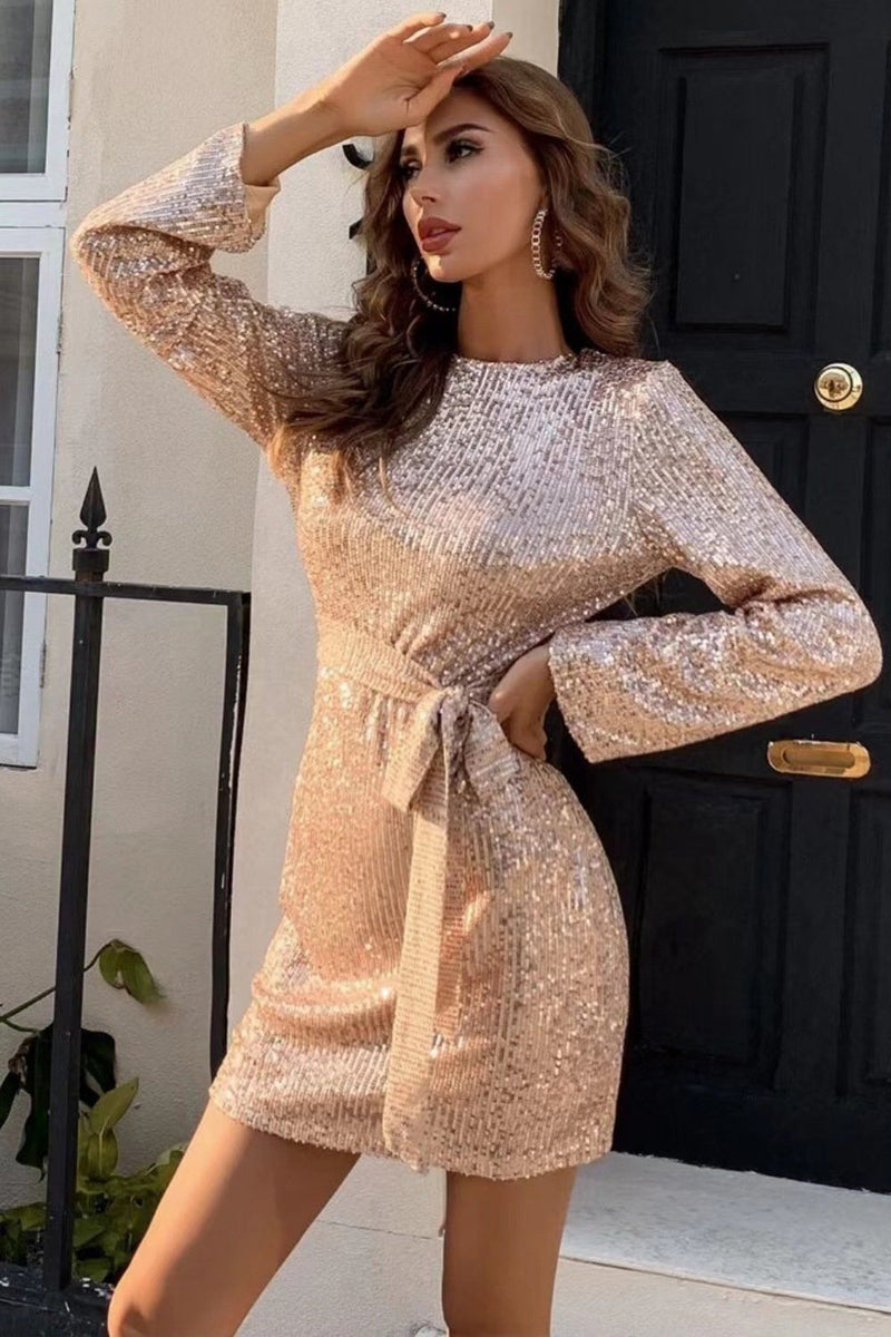 Load image into Gallery viewer, Long Sleeves Glitter Cocktail Dress with Hollow-out