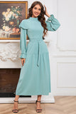 A Line Green Long Sleeves Casual Dress With Belt