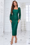 Square Neck Dark Green Formal Dress with Long Sleeves