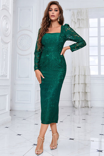Square Neck Dark Green Formal Dress with Long Sleeves