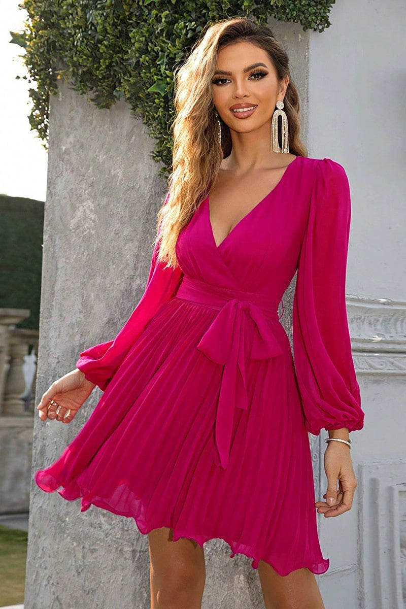 Load image into Gallery viewer, Fuchsia A-line Long Sleeves V-neck Short Party Dress