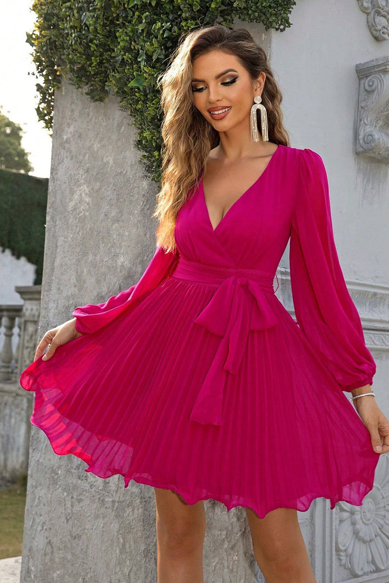 Load image into Gallery viewer, Fuchsia A-line Long Sleeves V-neck Short Party Dress