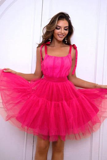 Hot Pink A Line Tulle Cute Semi Formal Dress