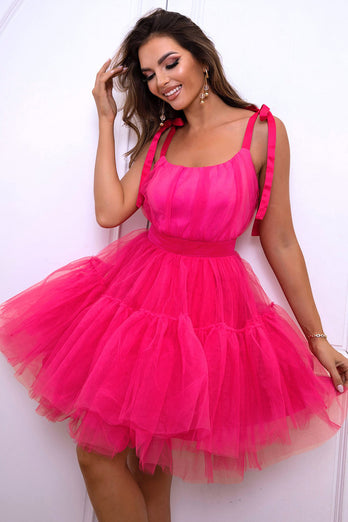 Hot Pink A Line Tulle Cute Semi Formal Dress