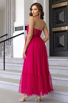 Fuchsia Long A-line Strapless Tulle Formal Dress