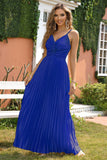 Royal Blue V-neck Spaghetti Strap Pleated Party Dress