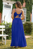 Load image into Gallery viewer, Royal Blue V-neck Spaghetti Strap Pleated Party Dress