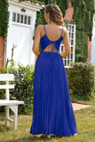 Royal Blue V-neck Spaghetti Strap Pleated Party Dress