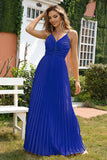 Royal Blue V-neck Spaghetti Strap Pleated Party Dress