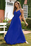 Royal Blue V-neck Spaghetti Strap Pleated Party Dress