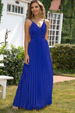 Royal Blue V-neck Spaghetti Strap Pleated Party Dress