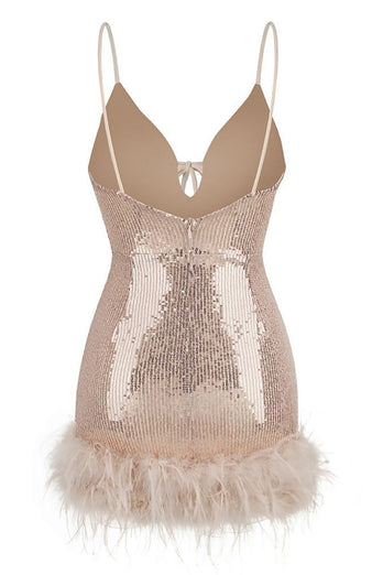 Bodycon Blush Spaghetti Straps V-neck Sequin Stitching Cocktail Dress with Feather
