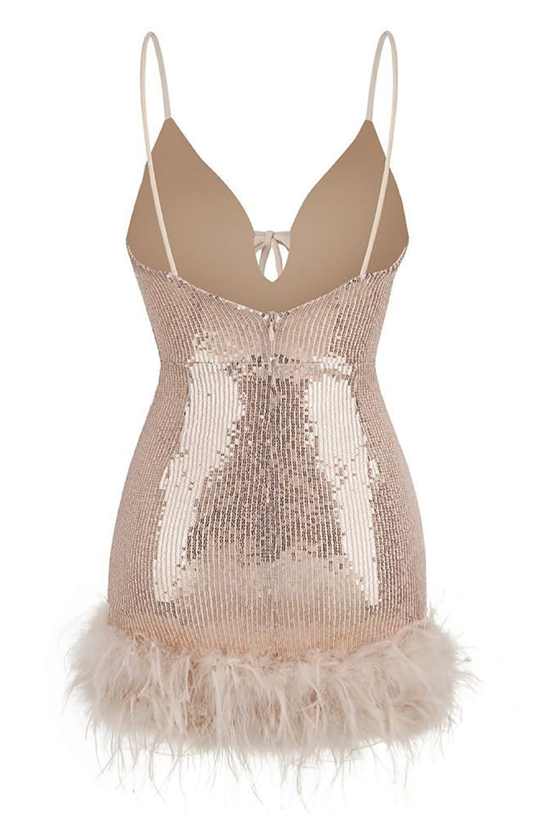 Load image into Gallery viewer, Bodycon Blush Spaghetti Straps V-neck Sequin Stitching Cocktail Dress with Feather