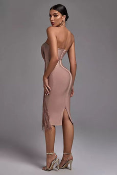 Blush Bodycon Fringed Skirt Strapless Cocktail Dress with Open Back