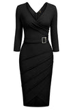 Black Bodycon Knee-Length 3/4 Sleeve Party Dress With Belt