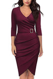 Black Bodycon Knee-Length 3/4 Sleeve Party Dress With Belt