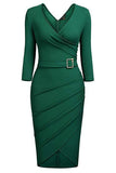 Black Bodycon Knee-Length 3/4 Sleeve Party Dress With Belt