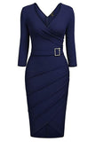 Black Bodycon Knee-Length 3/4 Sleeve Party Dress With Belt