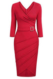 Black Bodycon Knee-Length 3/4 Sleeve Party Dress With Belt