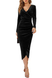 Bodycon V-Neck Wrap Hip Midi-length Cross Black Velvet Evening Dress