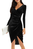 Bodycon V-Neck Wrap Hip Midi-length Cross Black Velvet Evening Dress