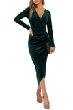 Bodycon V-Neck Wrap Hip Midi-length Cross Black Velvet Evening Dress