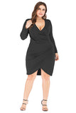 Bodycon V-Neck Plus Size Black Work Dress with Long Sleeves