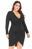 Bodycon V-Neck Plus Size Black Work Dress with Long Sleeves