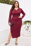 Burgundy Bodycon V-Neck Long Sleeves Plus Size Work Dress with Slit