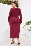 Burgundy Bodycon V-Neck Long Sleeves Plus Size Work Dress with Slit