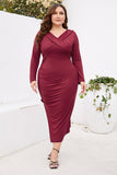 Burgundy Bodycon V-Neck Long Sleeves Plus Size Work Dress with Slit